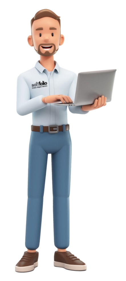 Ein 3D erstellter Mann mit Bart, Hemd und schicker Jeans, der einen Laptop hält. Er lächelt in die Kamera