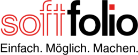 Logo der Firma mit Schriftzug: Softfolio-Einfach.Möglich.Machen. in Schwarz und rot